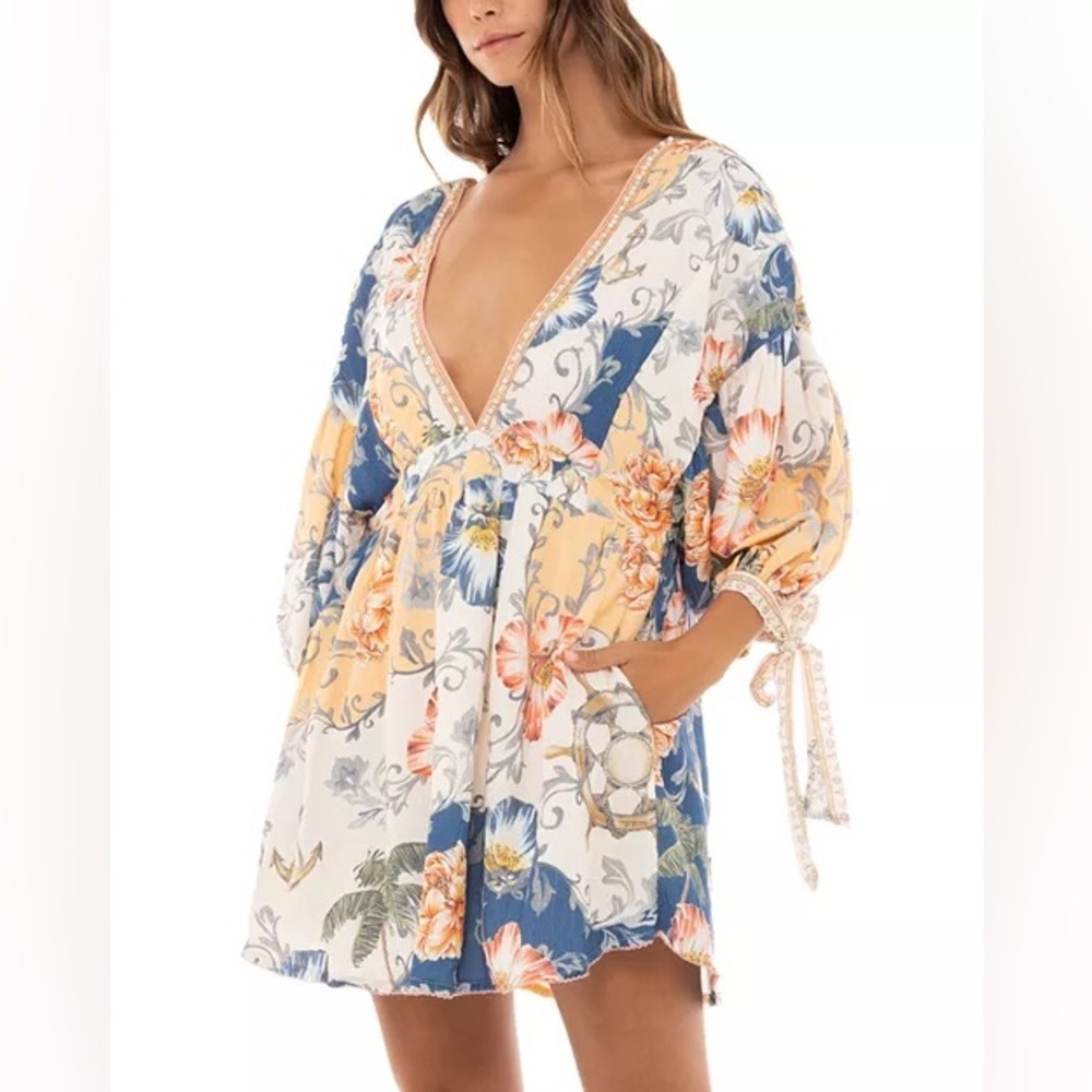 NWT Agua Bendita Alex Kai Floral V Neck Mini Cover Up Dress Anchor Sz M
